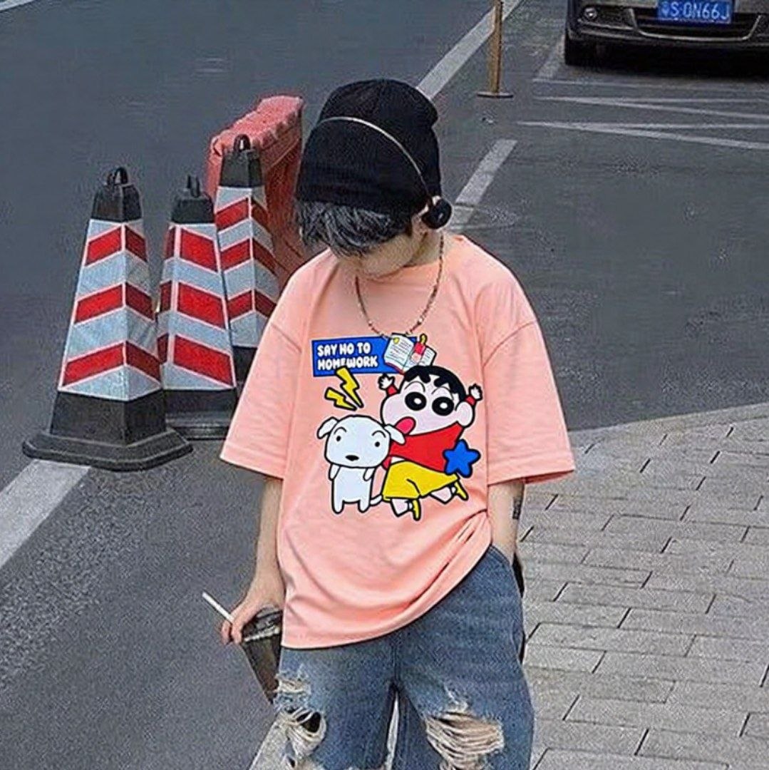 No Home work Shinchan Light Peach Tee