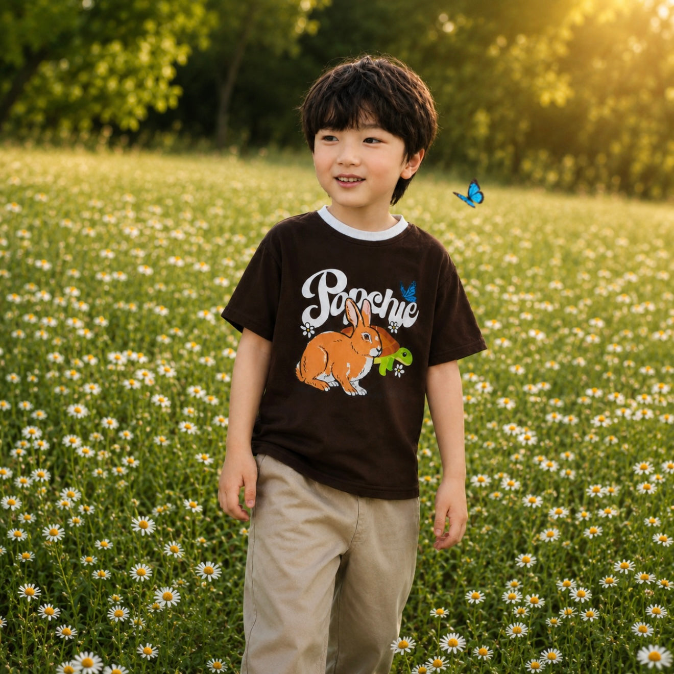 Popchie Rabbit 🐇 And Turtle 🐢 Races Brown Tee