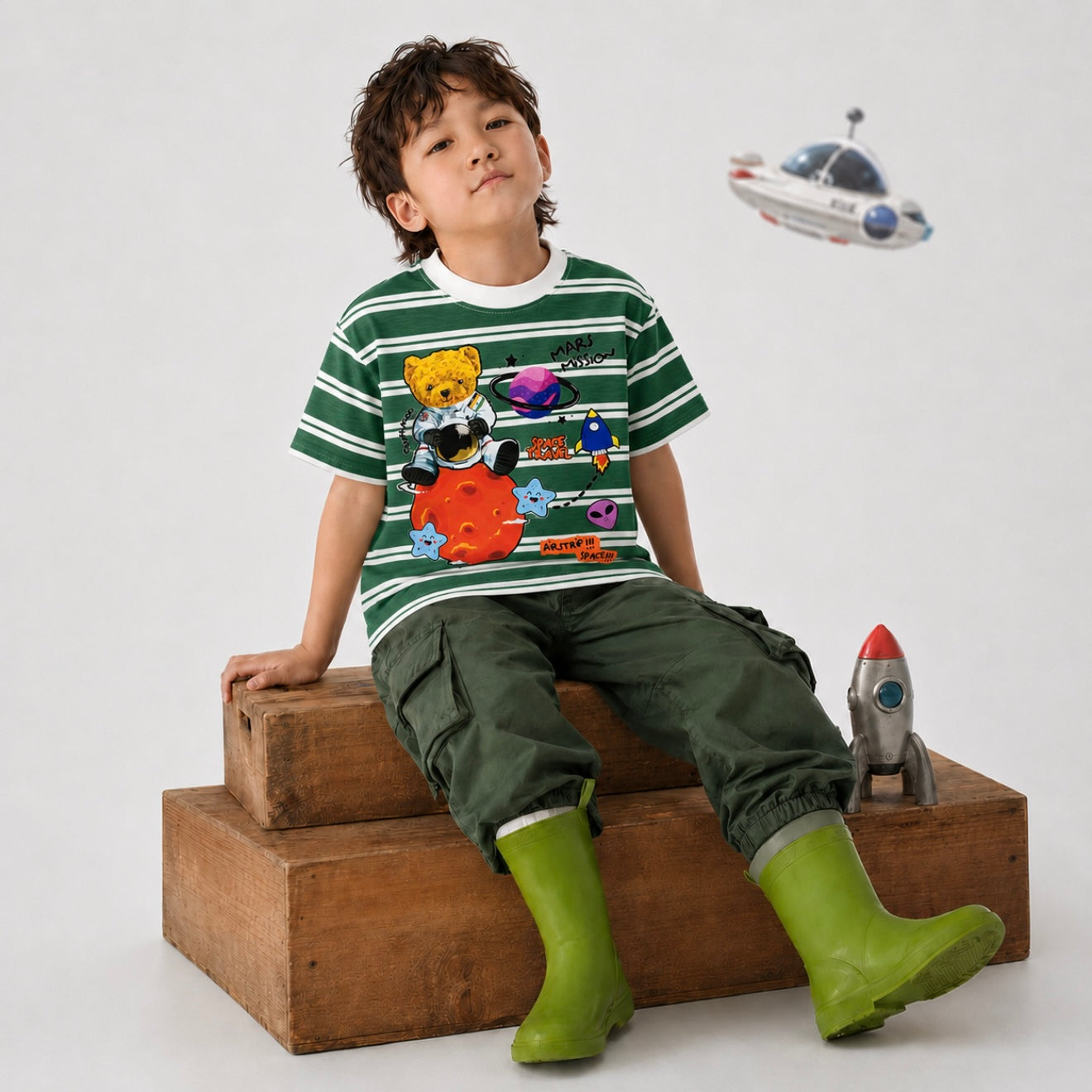 Space Traveller Green White Striped Tee