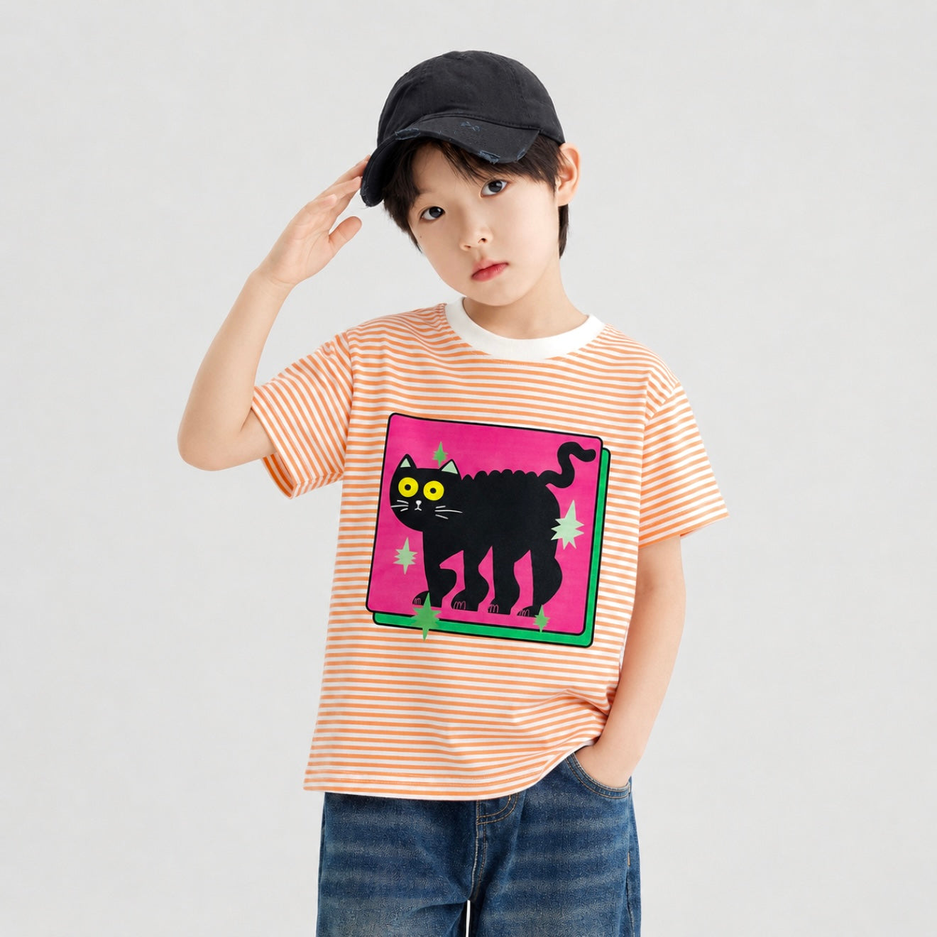 Cute Cat Orange And White Striped Tee