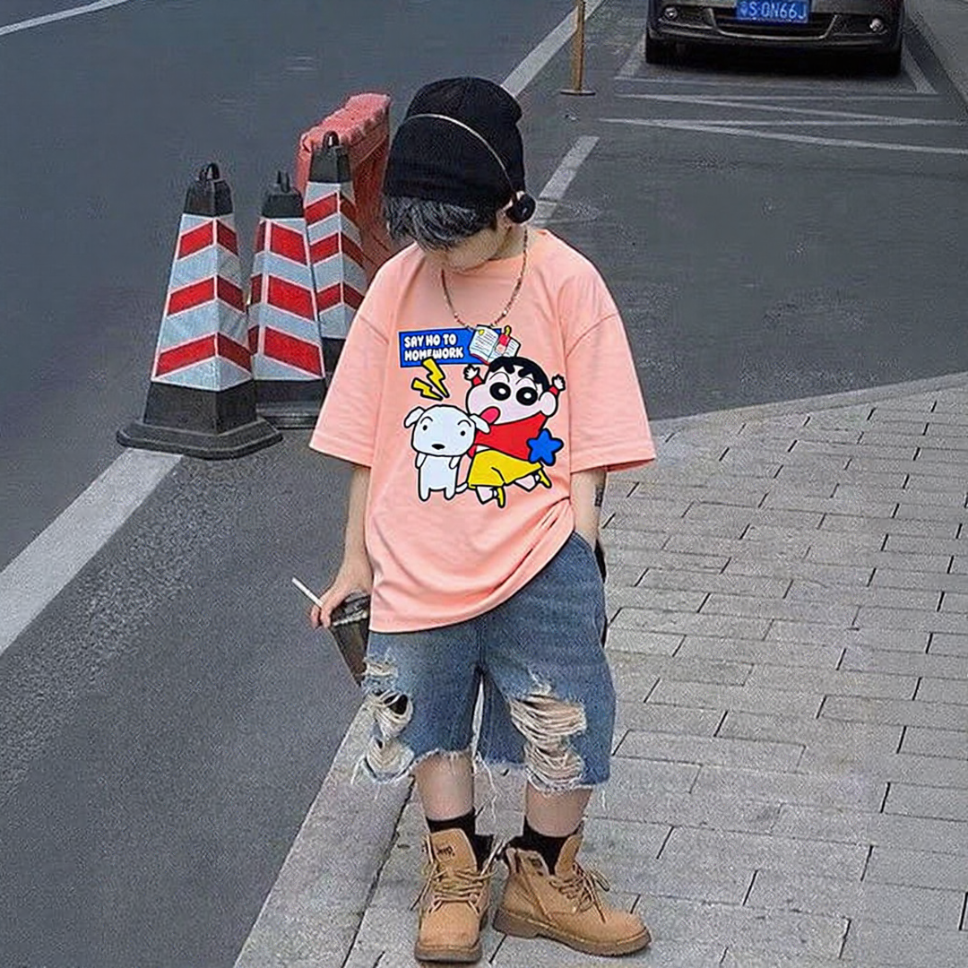 No Home work Shinchan Light Peach Tee