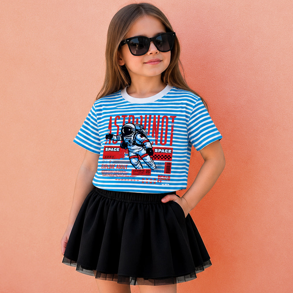Space Astronaut Blue And White Striped Tee