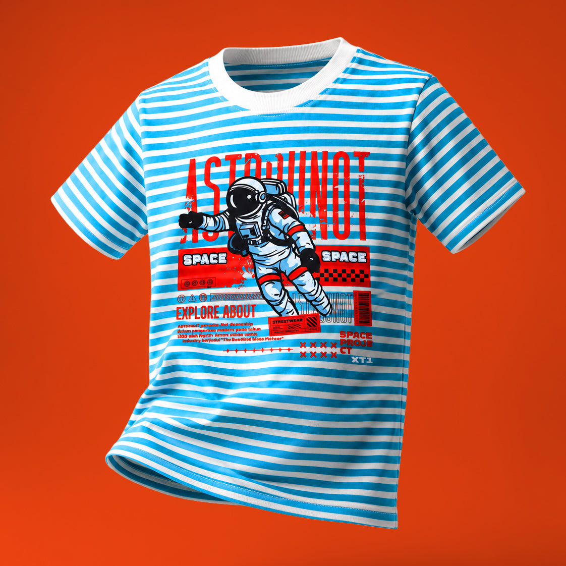Space Astronaut Blue And White Striped Tee