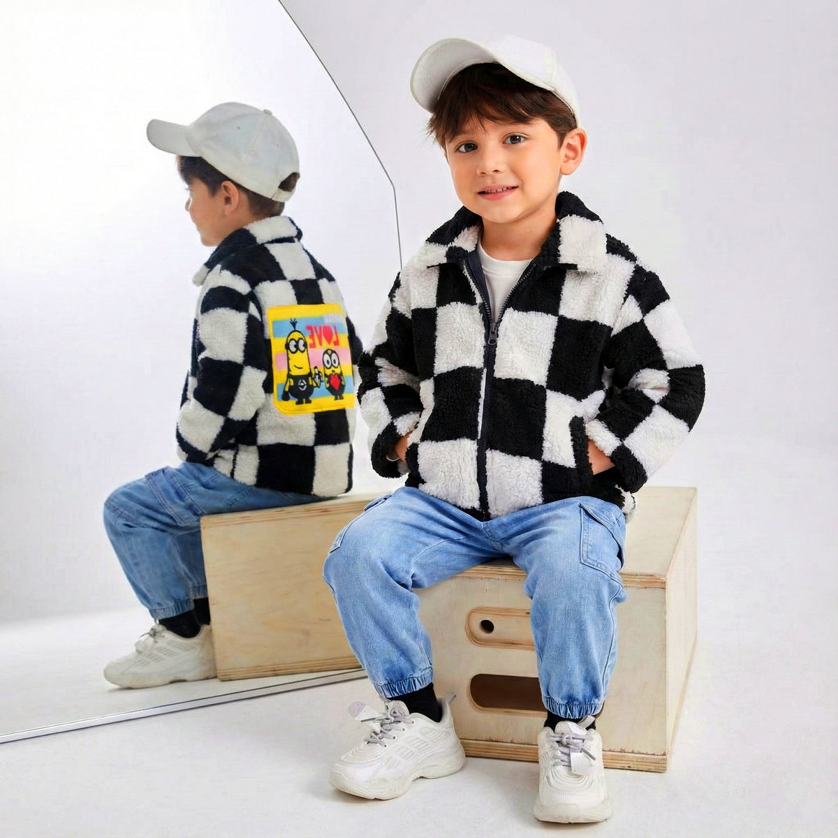 Black And White Love Minions Fur Jacket