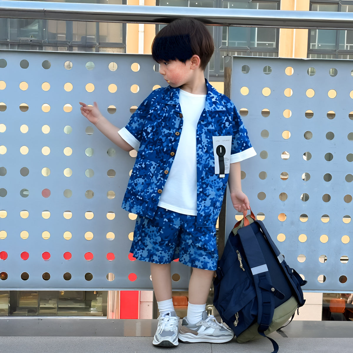 3 Piece Set - Shirt + T-Shirt + Shorts - Camouflage Blue
