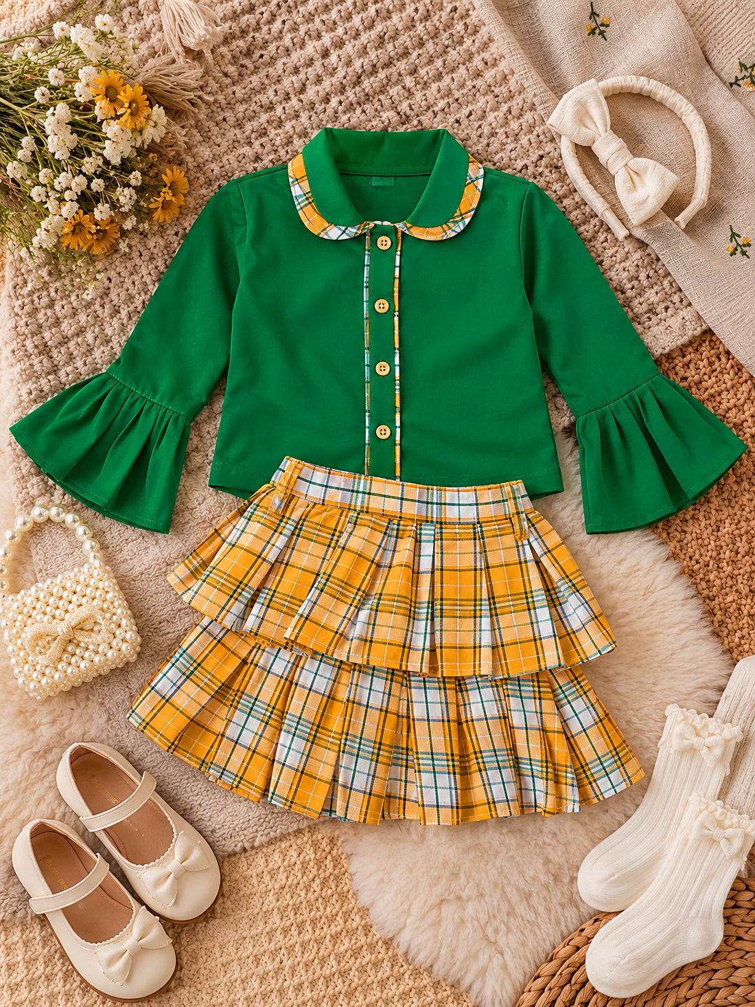 Emerald Plaid Twirl Set - Skirt Shirt Combo