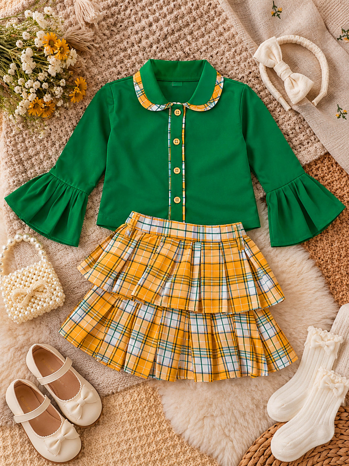Emerald Plaid Twirl Set - Skirt Shirt Combo
