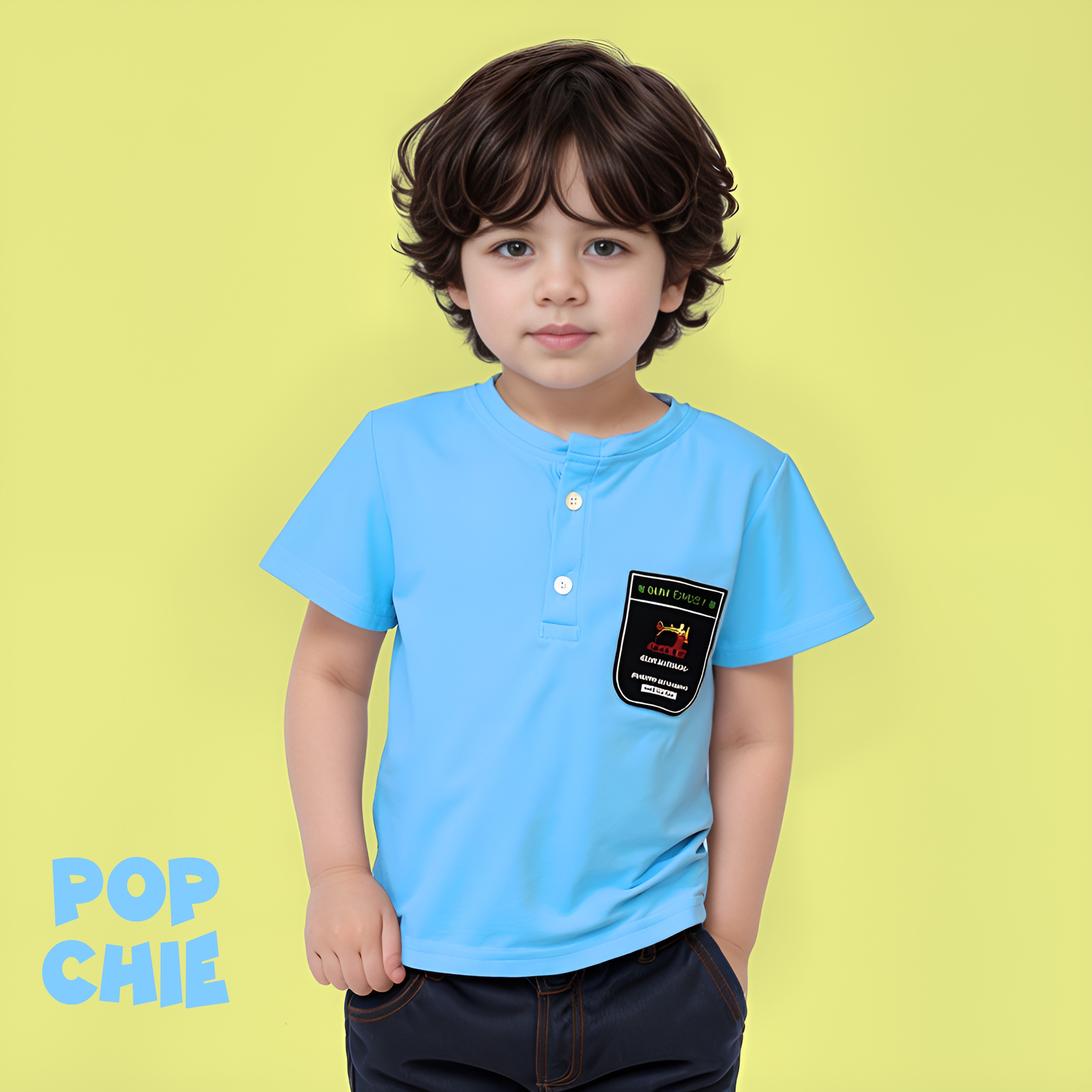 Classic Henley T-shirt with Badge - Blue