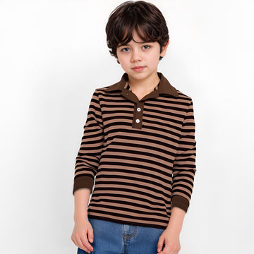 Mocha Brown Striped Polo T-Shirt - Full Sleeves