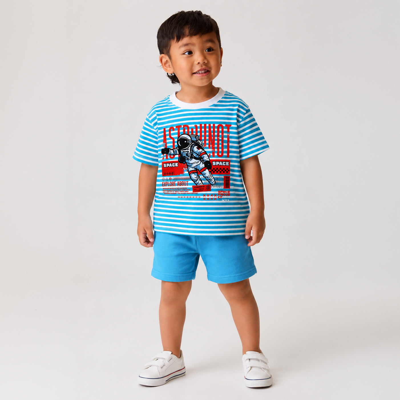 Space Astronaut Blue And White Striped Tee