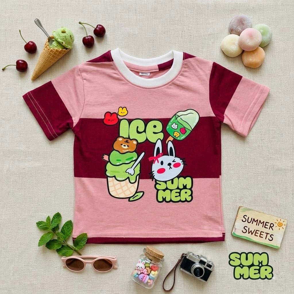 Summer Ice Cream Marron And Pink Stripe Tee