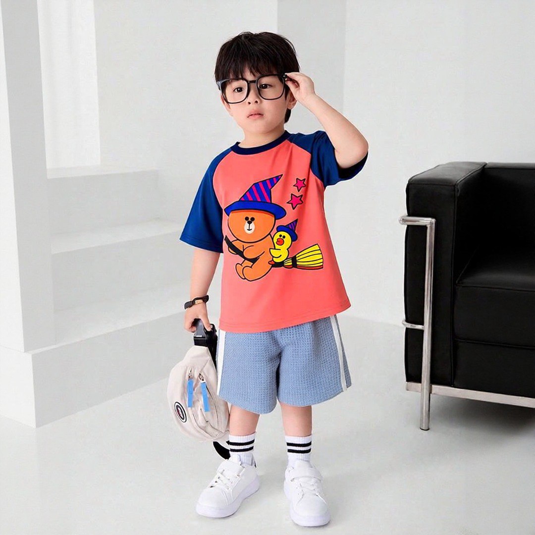 Magic Duck And Teddy  Pink And Navy Blue Tee