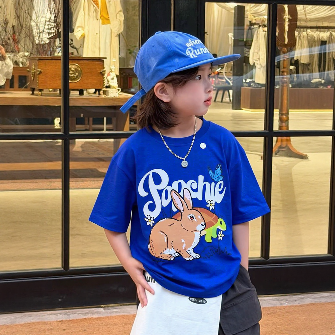 Popchie Rabbit And Turtle Races Navy Blue Tee