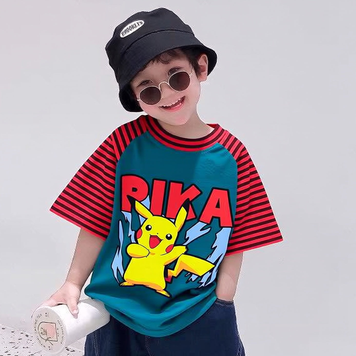 Cool Pika Pika Bottle Green And Orange Striped Tee