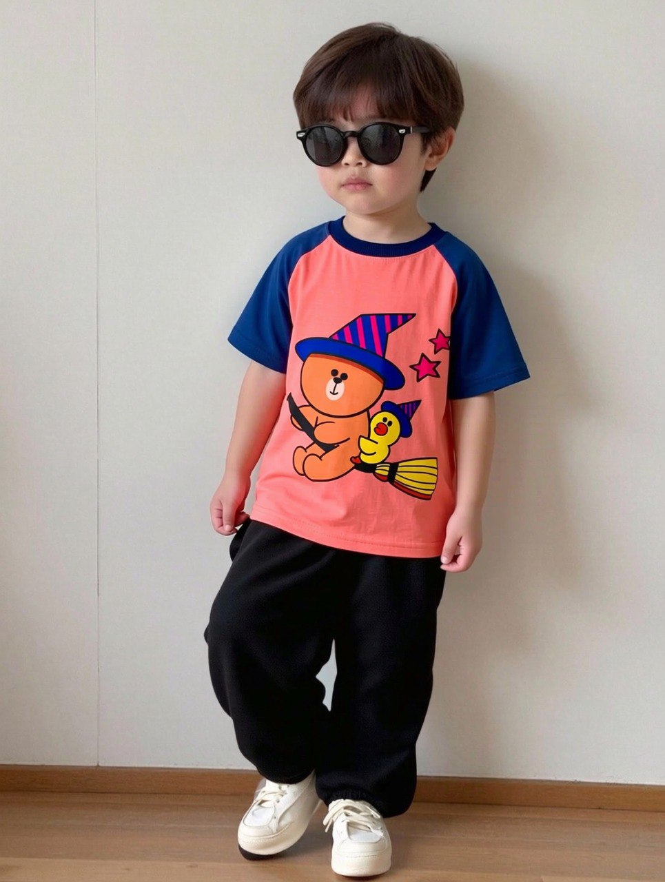 Magic Duck And Teddy  Pink And Navy Blue Tee