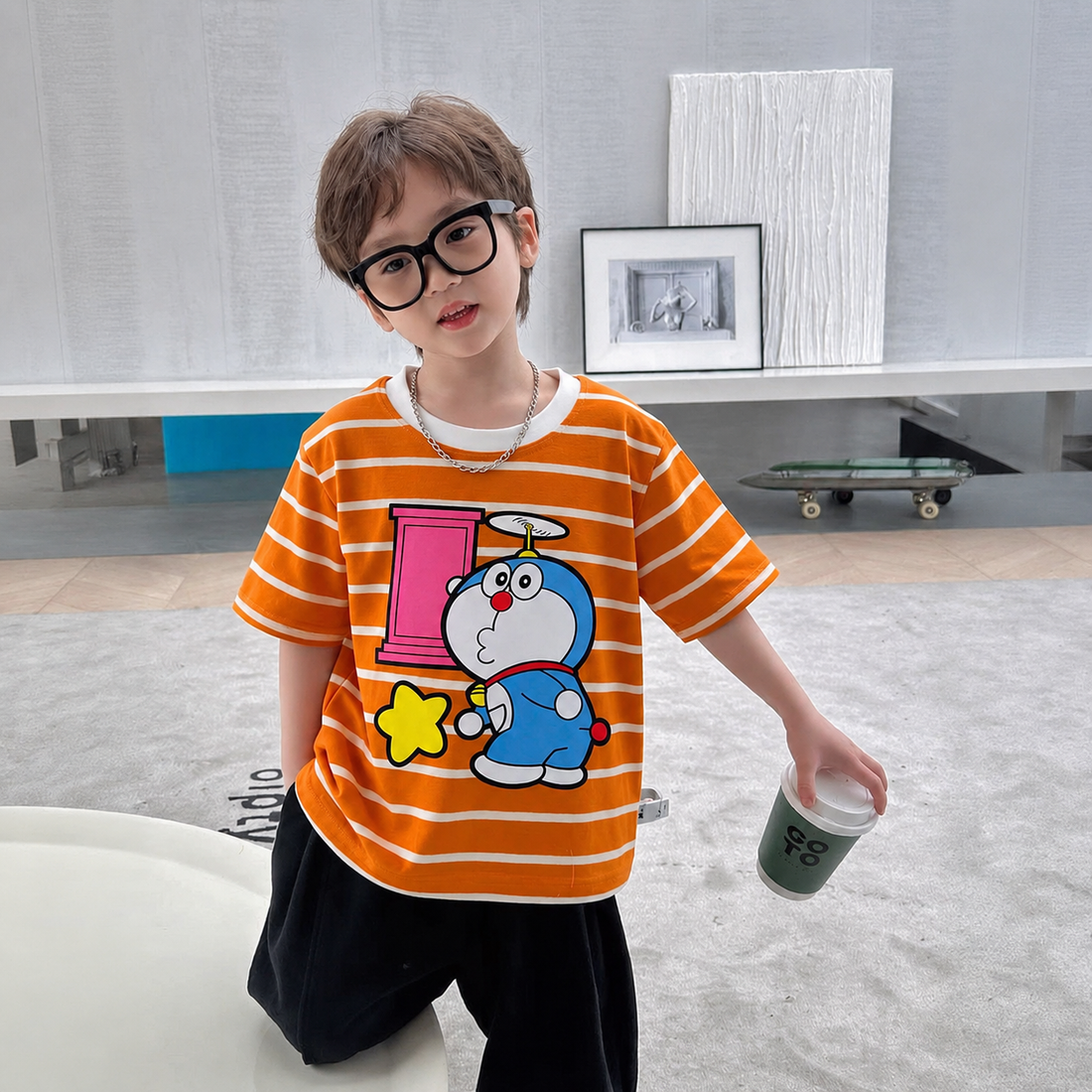 Dore-mon Orange White Striped Tee