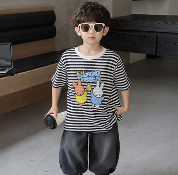 Happy Bunny Good Vibes Black White Striped Tee