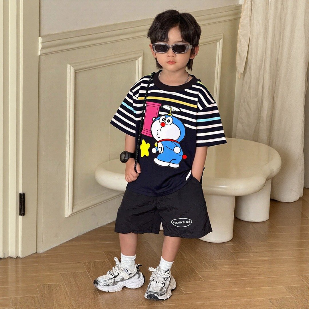 Striped Cartoon Fun Tee – Kids Graphic T-Shirt