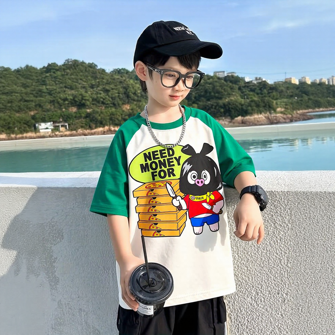 Pigzu And Pizza 🍕 Green White Dual Shade Tee