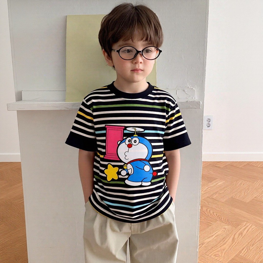 Striped Cartoon Fun Tee – Kids Graphic T-Shirt
