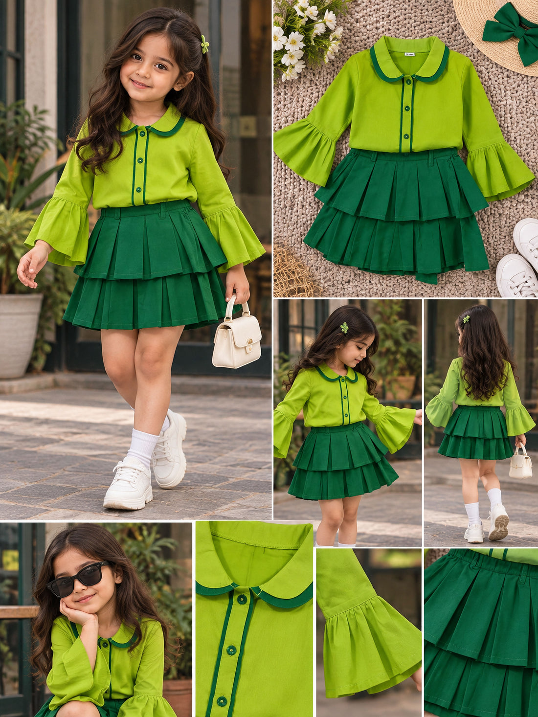 The Lime Pop Pleated Set - Skirt Shirt Combo
